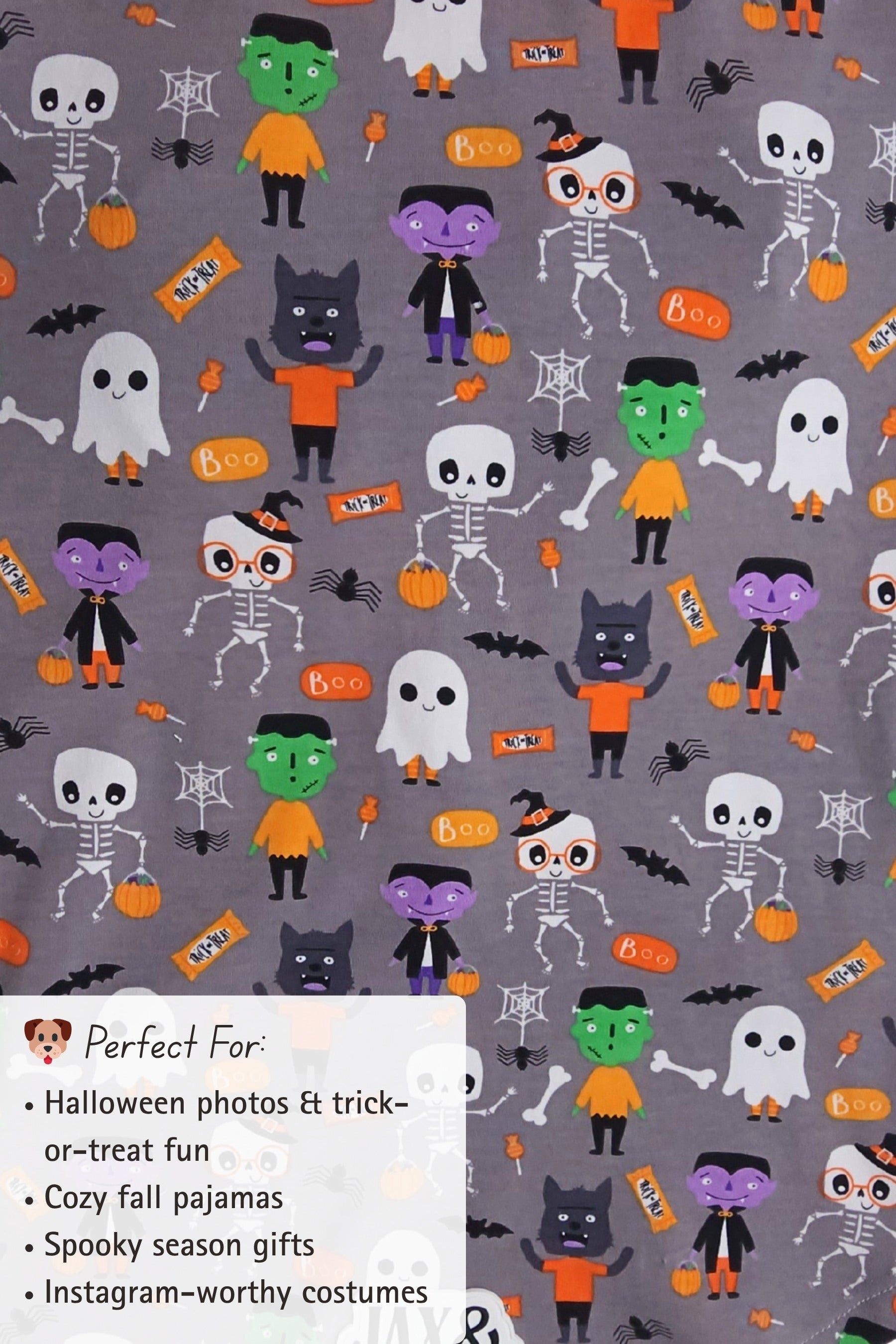 Halloween-themed pattern with skeletons, ghosts, and pumpkins on a gray background.