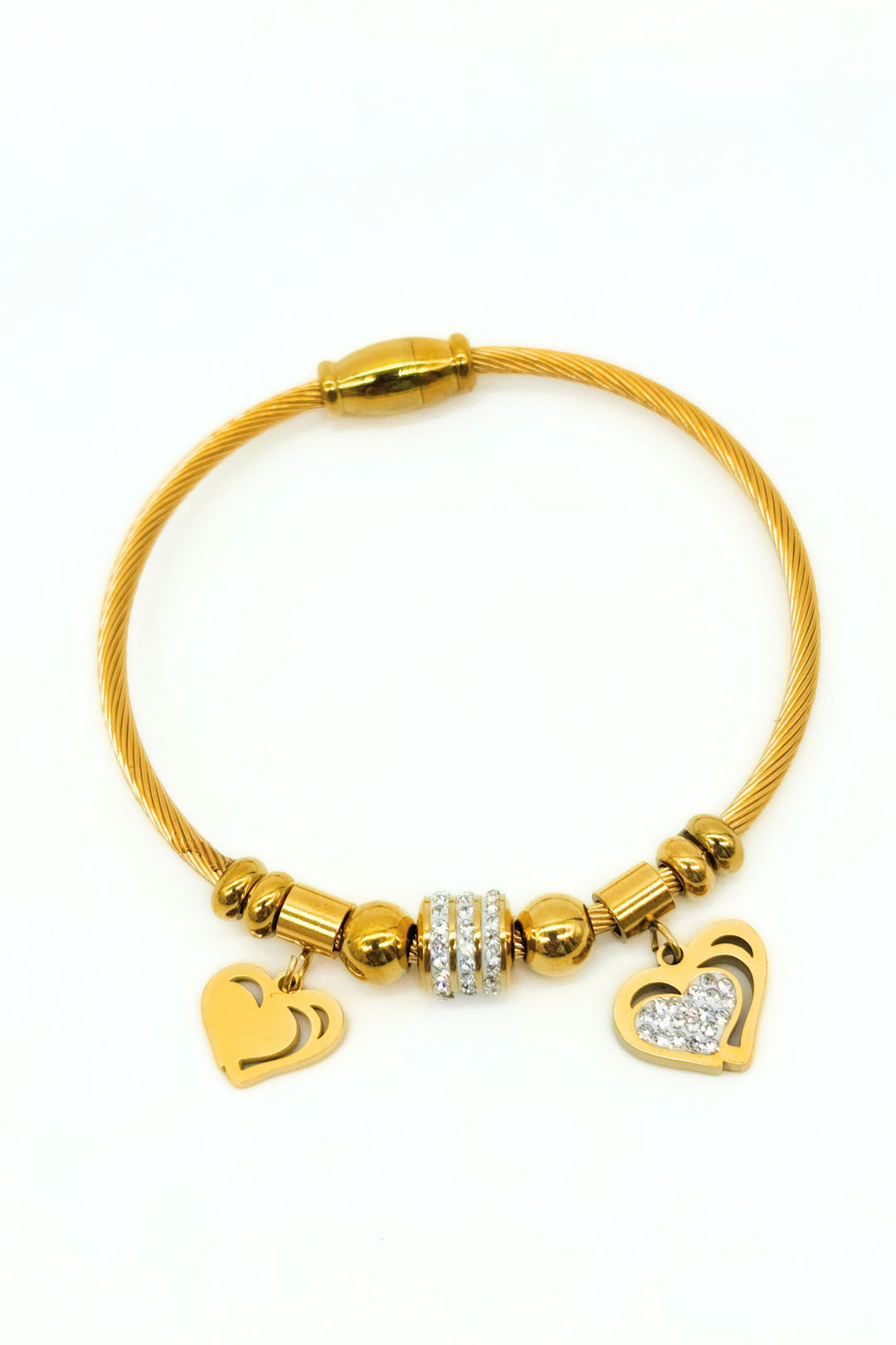 Jax & Molly's 18k gold-plated Heart Duo Bracelet featuring a cable design with two exquisite heart pendants—one embellished with sparkling crystals and the other showcasing a brilliant gold shine.