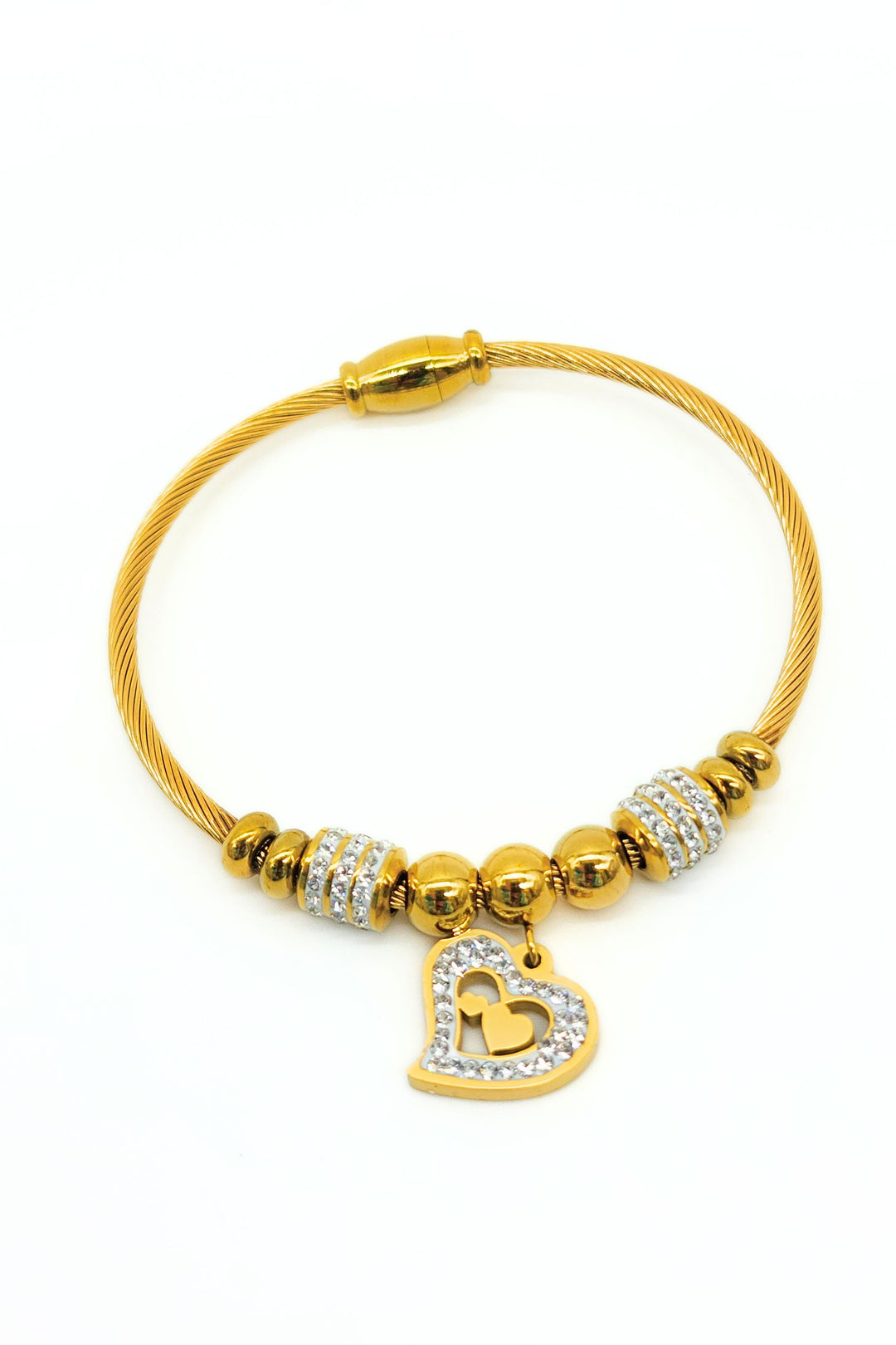 Jax & Molly's 18k gold plated bracelet featuring a cable design with gorgeous heart pendant adorned with crystals.