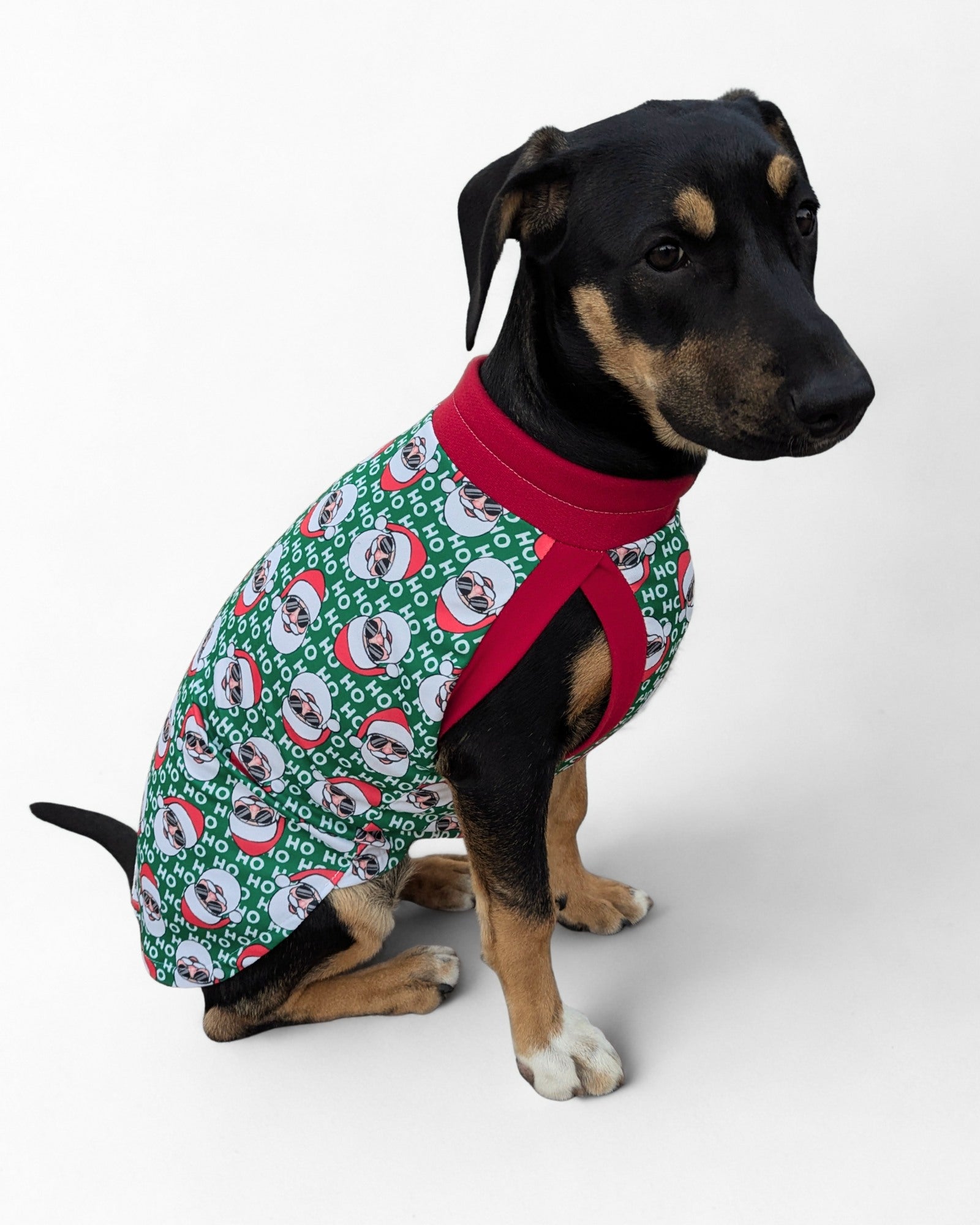 Holiday dog tank with Santa print and red neckline by Jax & Molly’s