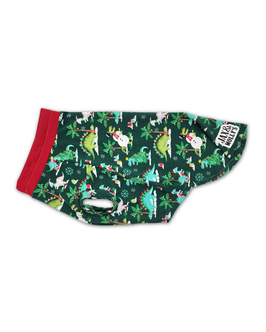 Holiday Dino Dog Tee by Jax & Molly’s – green cotton pullover with red trim