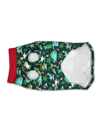 Classic Tee-style dog shirt featuring festive dinosaur and snowman print