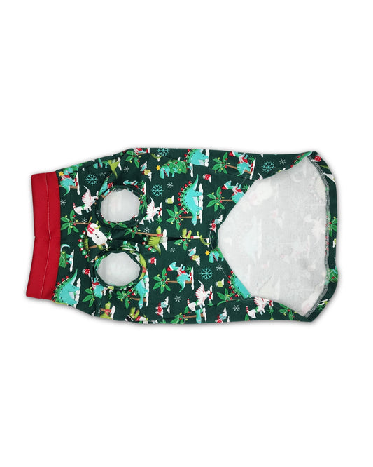 Classic Tee-style dog shirt featuring festive dinosaur and snowman print