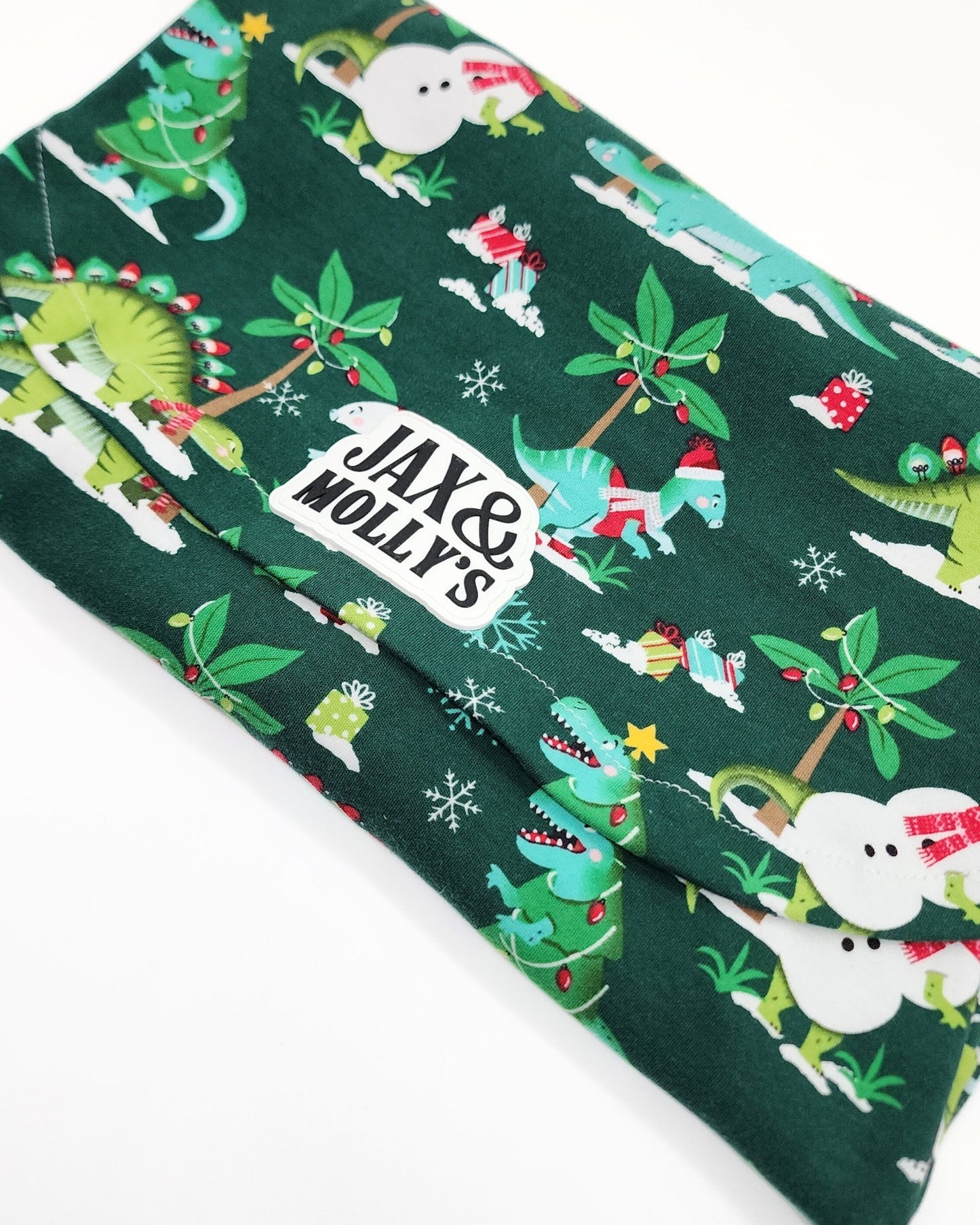 Handmade holiday dog tee with glow-in-the-dark Jax & Molly’s label patch