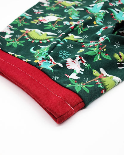Red neckline trim detail on Jax & Molly’s Holiday Dino Dog Tee