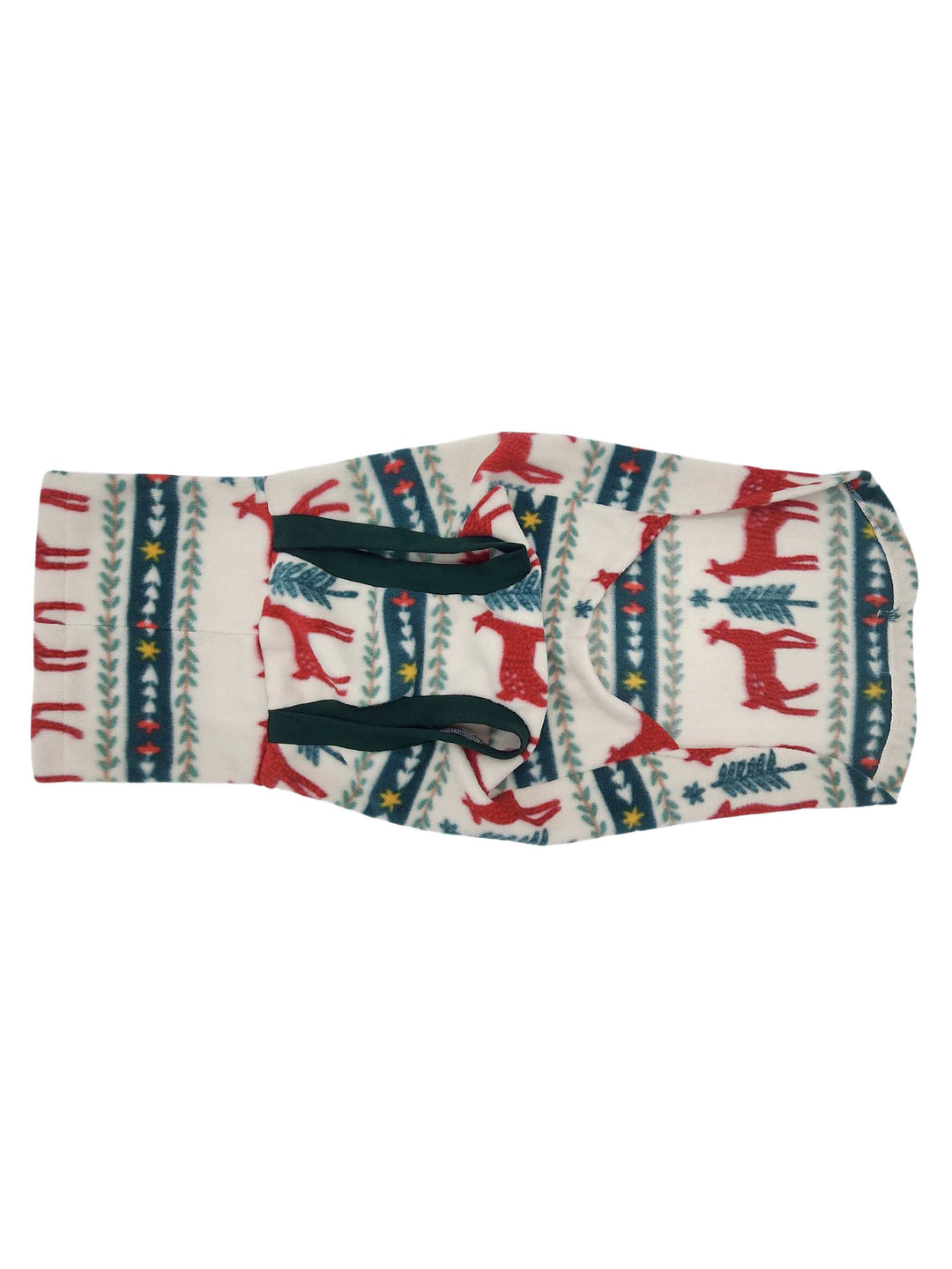 Underbelly profile of the gorgeous Jax & Molly's Holiday Fair Isle Dog Sweater adorned with deer and pine trees.