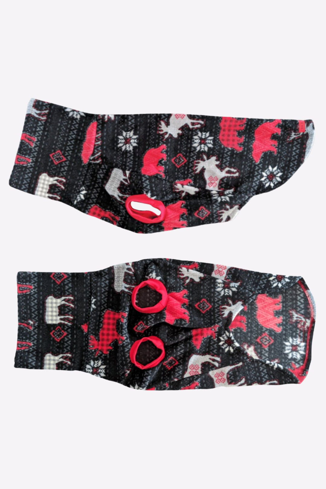 Side and underbelly view of Jax & Molly's Holiday Moose & Bears Dog Sweater adorned with a gorgeous print of wild animals in red and gray on a black fleece fabric.