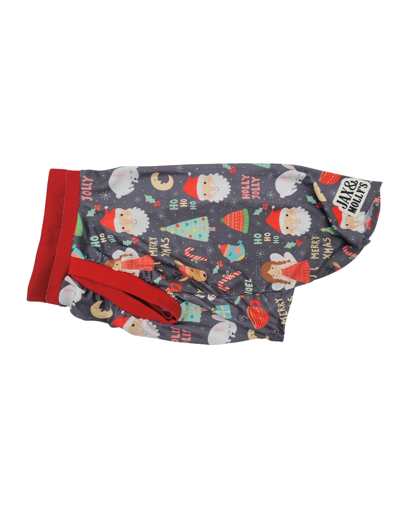 Lightweight polyester dog shirt with red trim and festive print