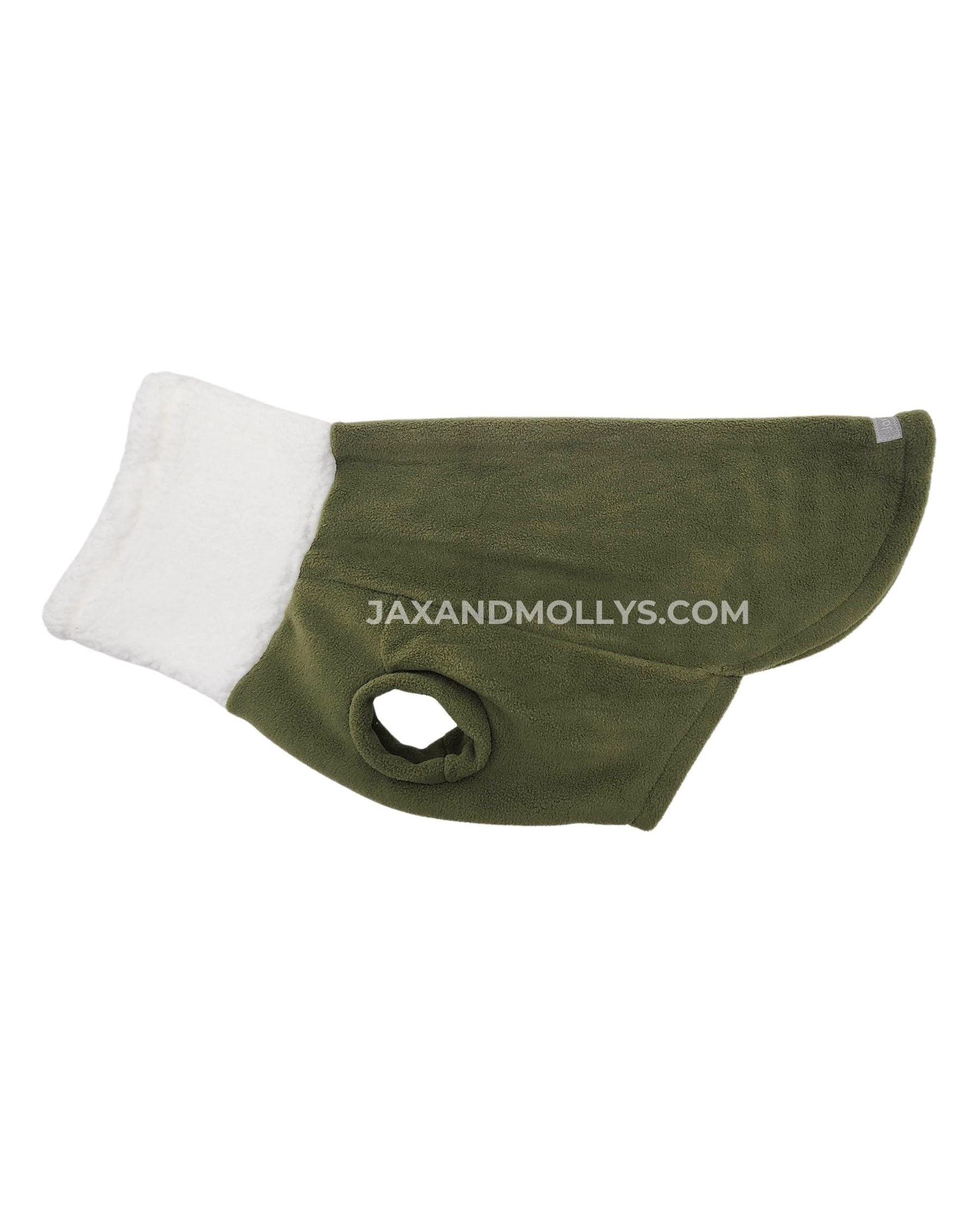 Hunter green plush fleece dog sweater with white sherpa turtleneck, flat side view