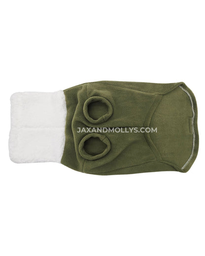 Hunter green plush fleece dog sweater with white sherpa turtleneck, flat underbelly view
