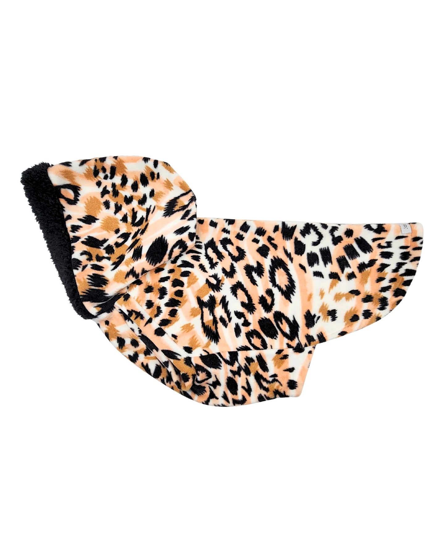 Ivory & blush leopard fleece dog sweater tank with black sherpa-trim hood, side view