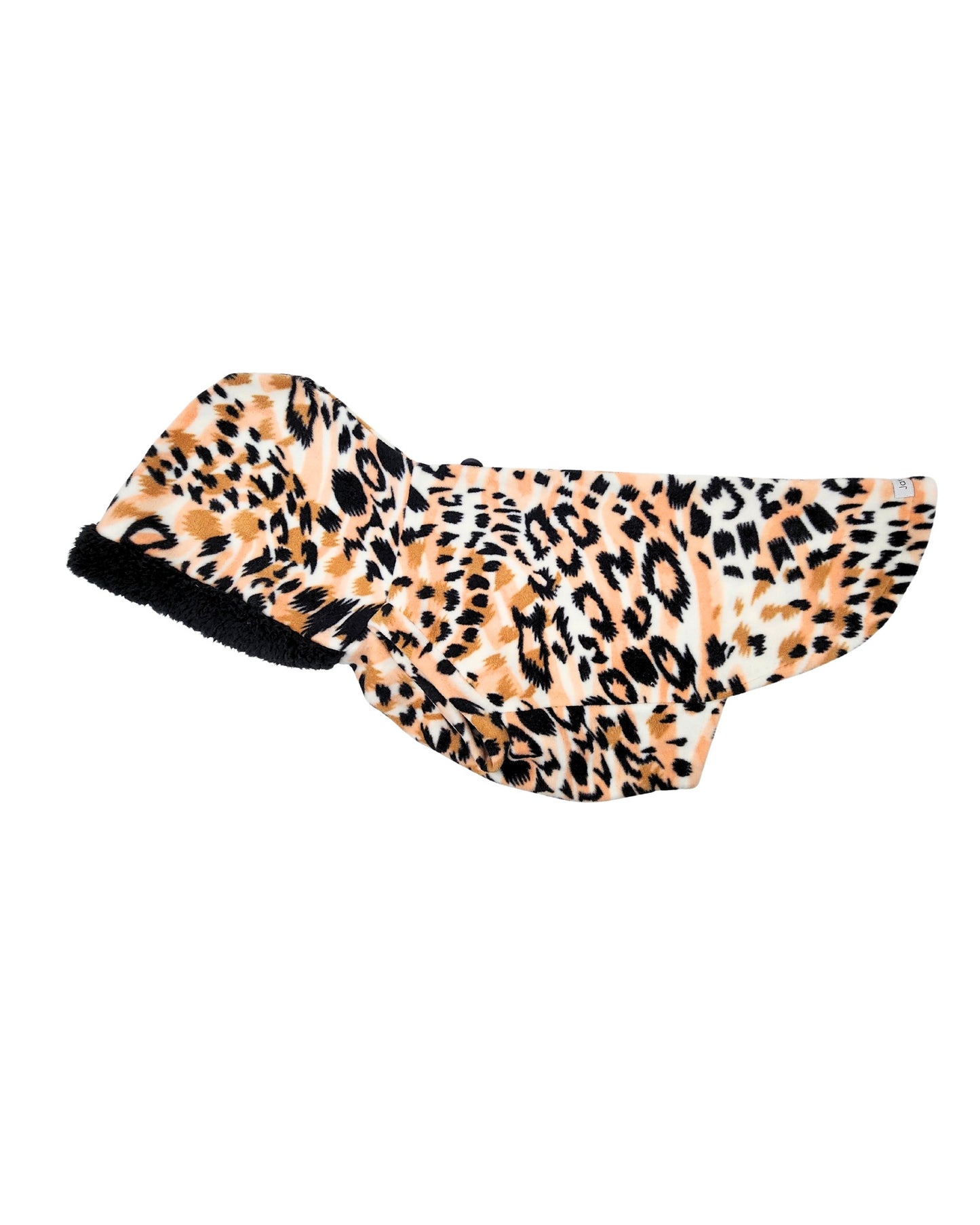 Ivory & blush leopard fleece dog sweater tank with sherpa-trim hood, alternate side view