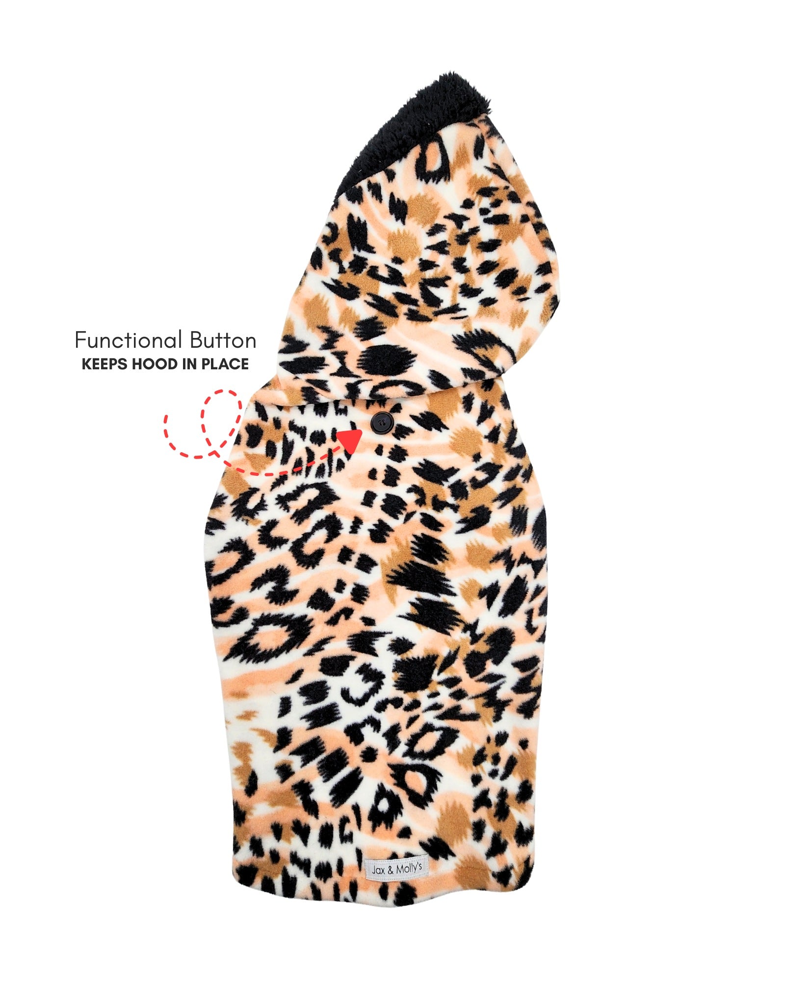 Ivory & blush leopard fleece dog sweater tank showing hood button detail