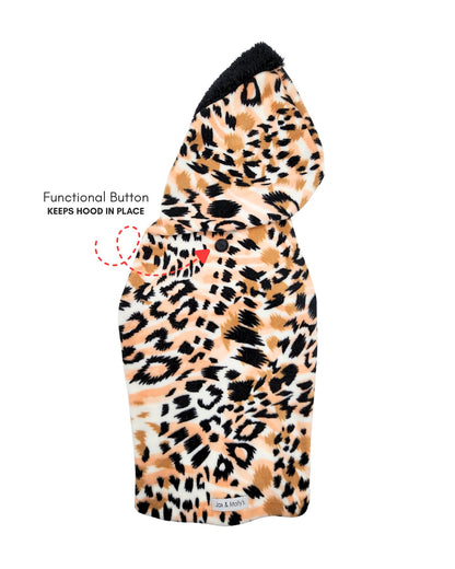 Ivory & blush leopard fleece dog sweater tank showing hood button detail