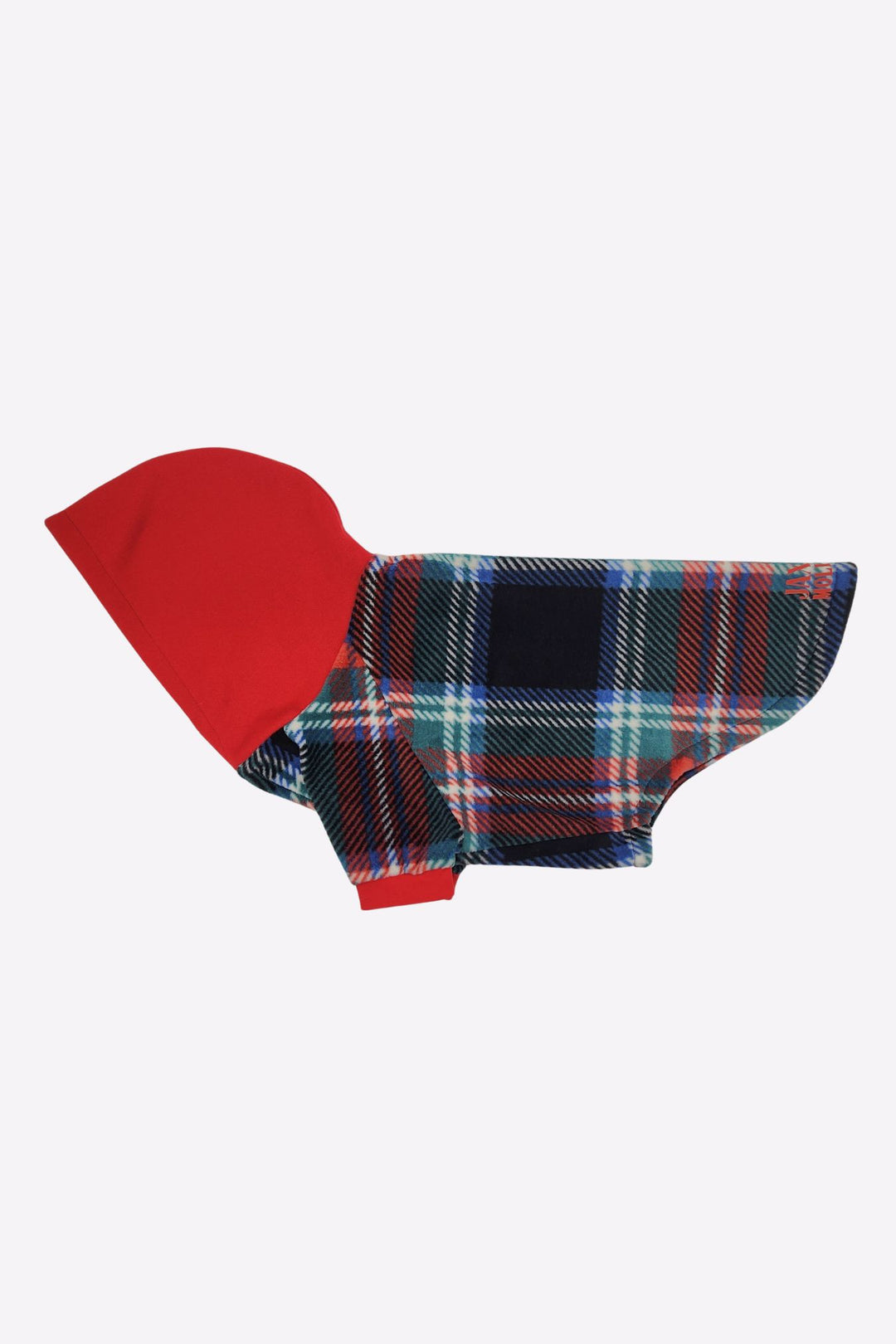 Side display of Jax & Molly's Midnight Tartan Fleece Dog Hoodie with a striking tartan plaid fleece showcasing a beautiful combination of blue, green, red, white and complimented by a bold red hood.