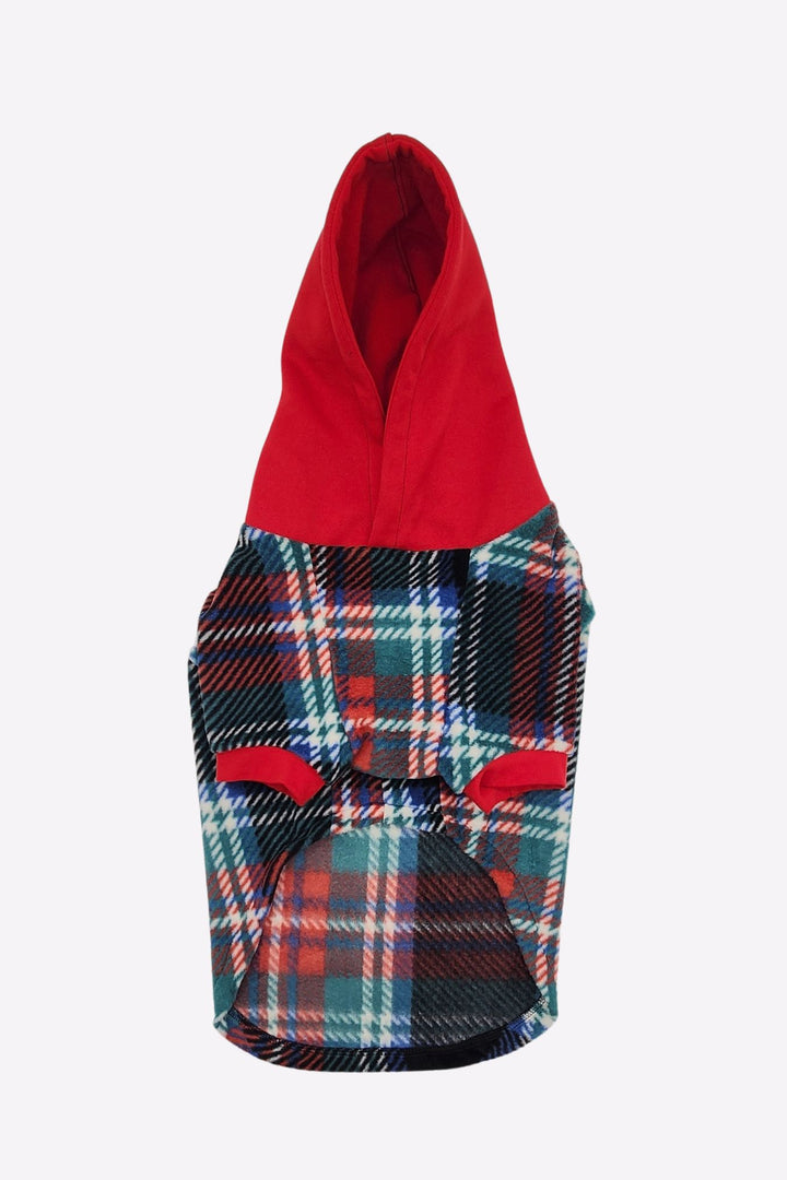 Underbelly display of Jax & Molly's Midnight Tartan Fleece Dog Hoodie with a striking tartan plaid fleece showcasing a beautiful combination of blue, green, red, white and complimented by a bold red hood.