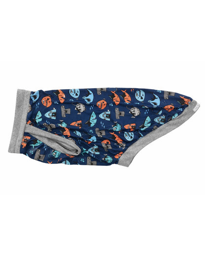 Mischievous Fish & Sharks dog pajamas with playful fish and shark print and heather grey trim