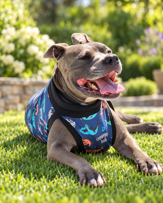 Gray dog wearing blue Mischievous Fish & Sharks dog pajamas outdoors in a sunny garden.