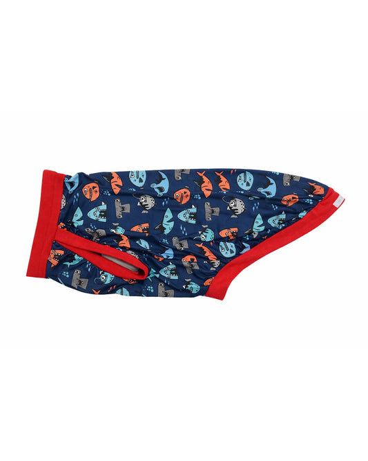 Mischievous Fish & Sharks dog pajamas featuring colorful shark print with red CottonSpandex trim