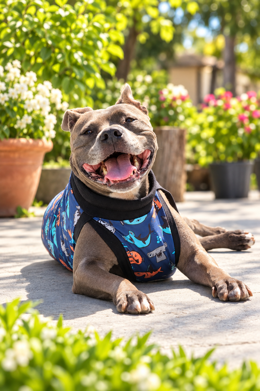 Happy gray dog wearing Mischievous Fish & Sharks dog pajamas with black trim in a sunny garden setting