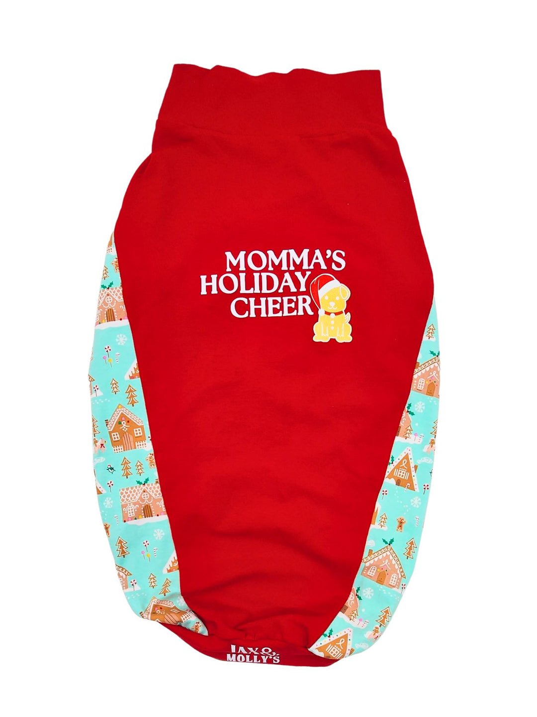 A rear view of Jax & Molly's 'Momma's Holiday Cheer' Dog Tank showcases a vibrant red fabric adorned with a white vinyl graphic that reads Momma's Holiday Cheer, accompanied by a gold gingerbread cookie design. The sides are a charming mint color, decorated with cute gingerbread houses.