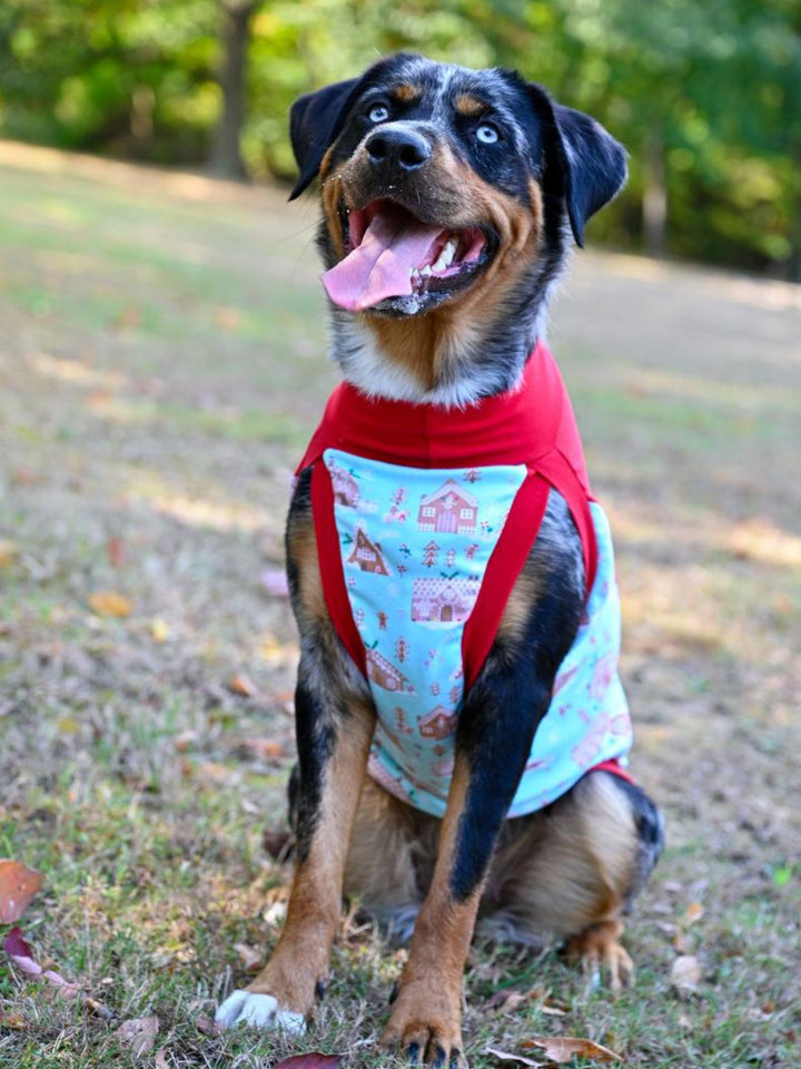 Front view of a grinning dog wearing the Jax & Molly's 'Momma's Holiday Cheer' Dog Tank showcases an adorable Christmas themed print decorated with cute gingerbread houses complemented by gorgeous red trim.