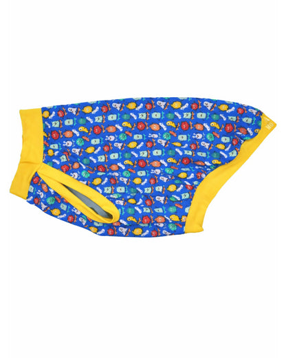 Side view of Jax & Molly's dog pajamas featuring a colorful monster print on skateboards with yellow trim