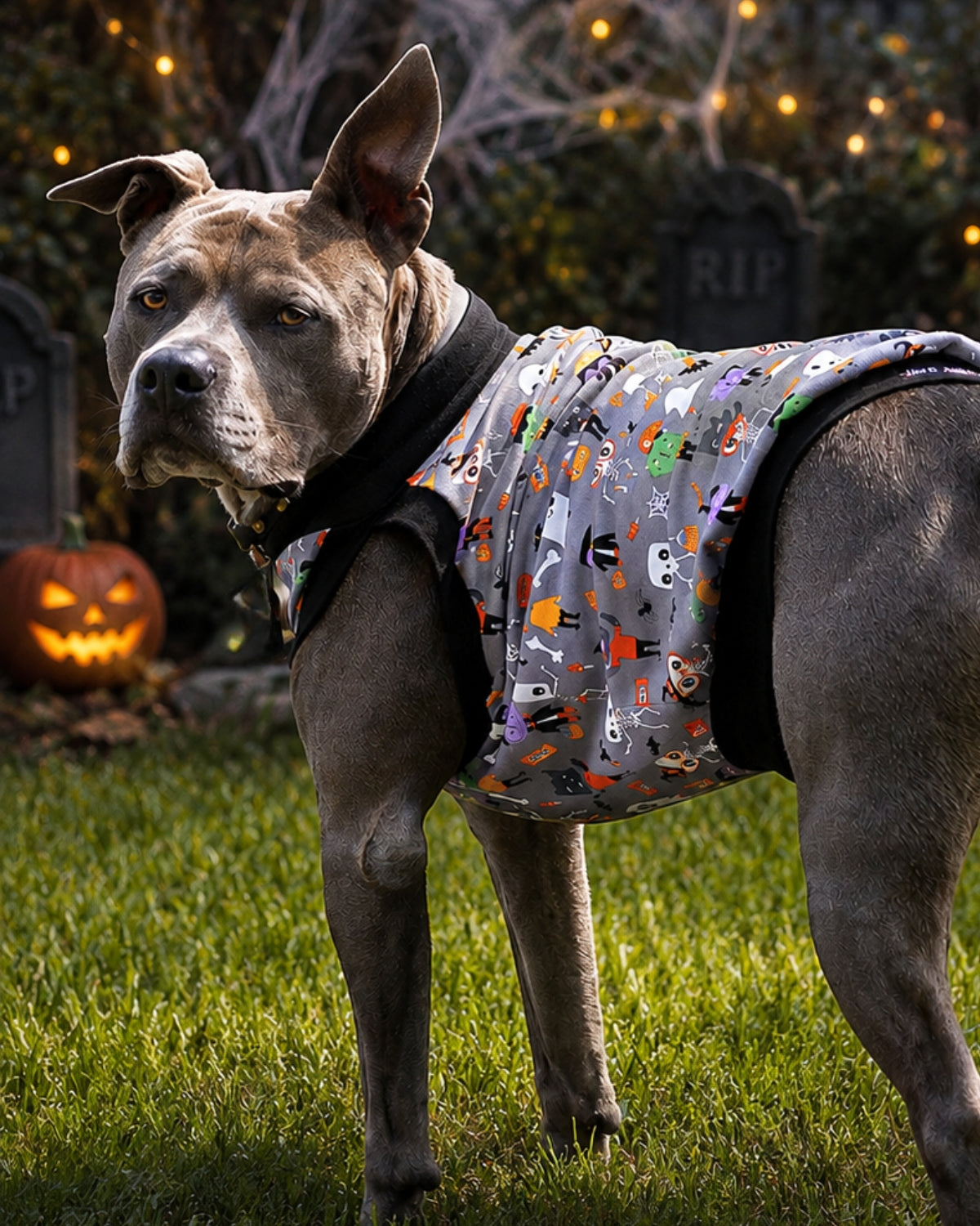 Side view of a gray pit bull wearing Monster Squad Halloween dog pajamas in the Muscle Tank style with black trim.