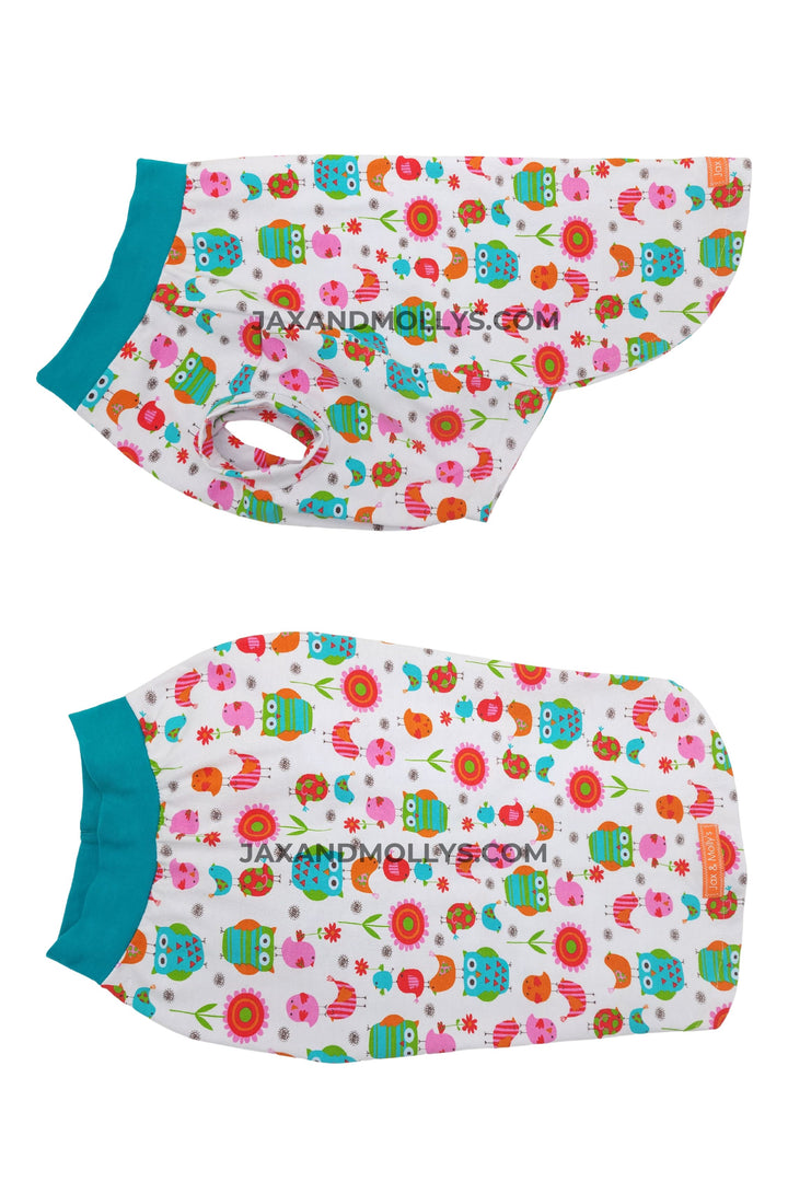 Dog shirt featuring a bright colored owl, bird and flower print.