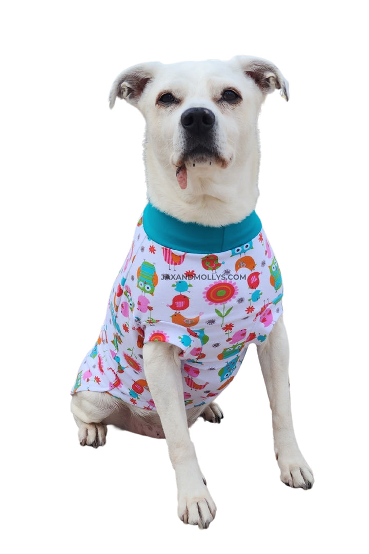 Dog modeling a shirt featuring a bright colored owl, bird and flower print.