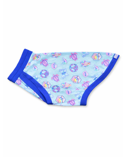 Pastel Ocean Icons cotton-spandex dog pajamas with royal blue trim, flat side view