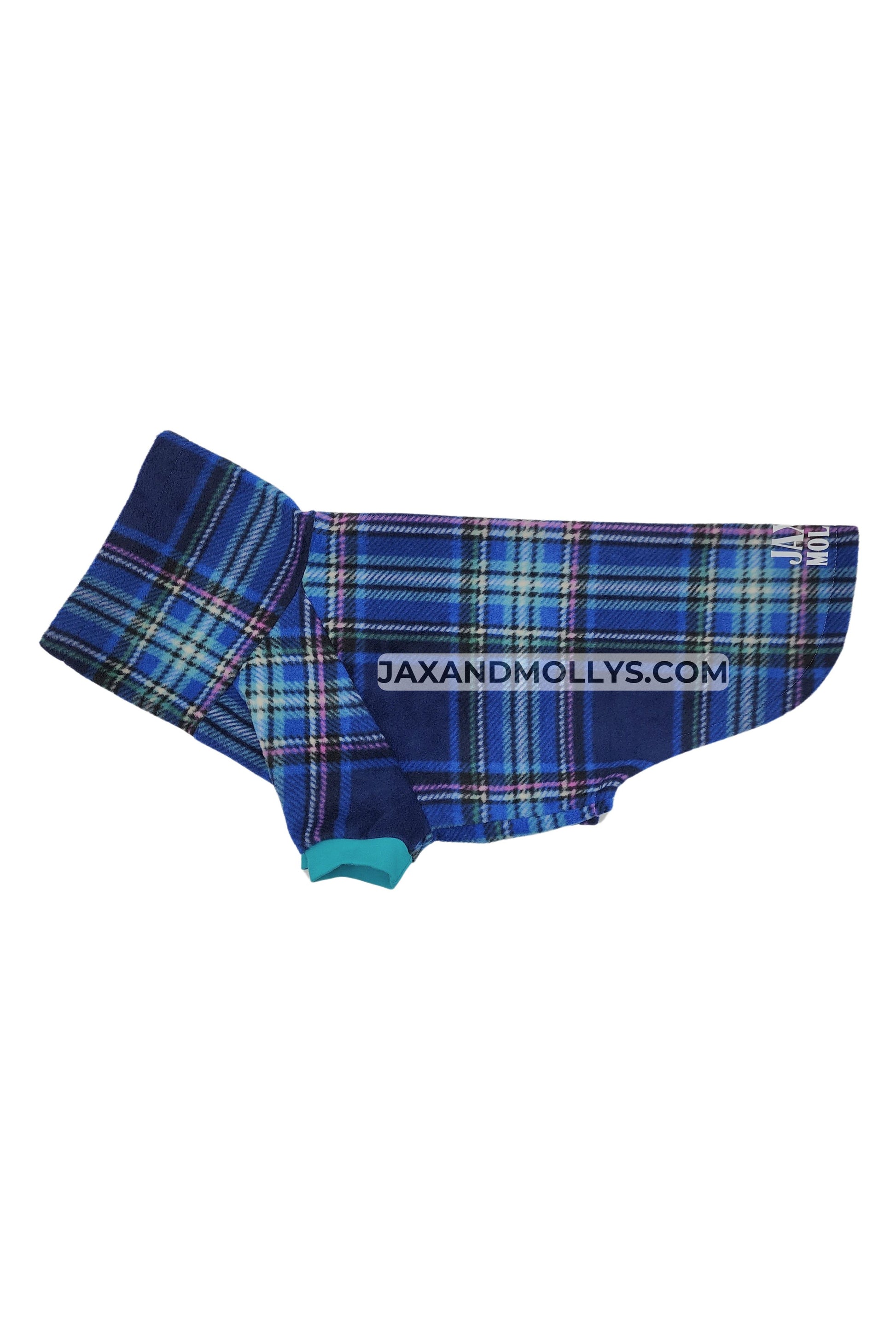 Side profile of Jax & Molly's Peacock Plaid Dog Sweater featuring a blue plaid design with accents of pink and green and jade-colored sleeve trim.