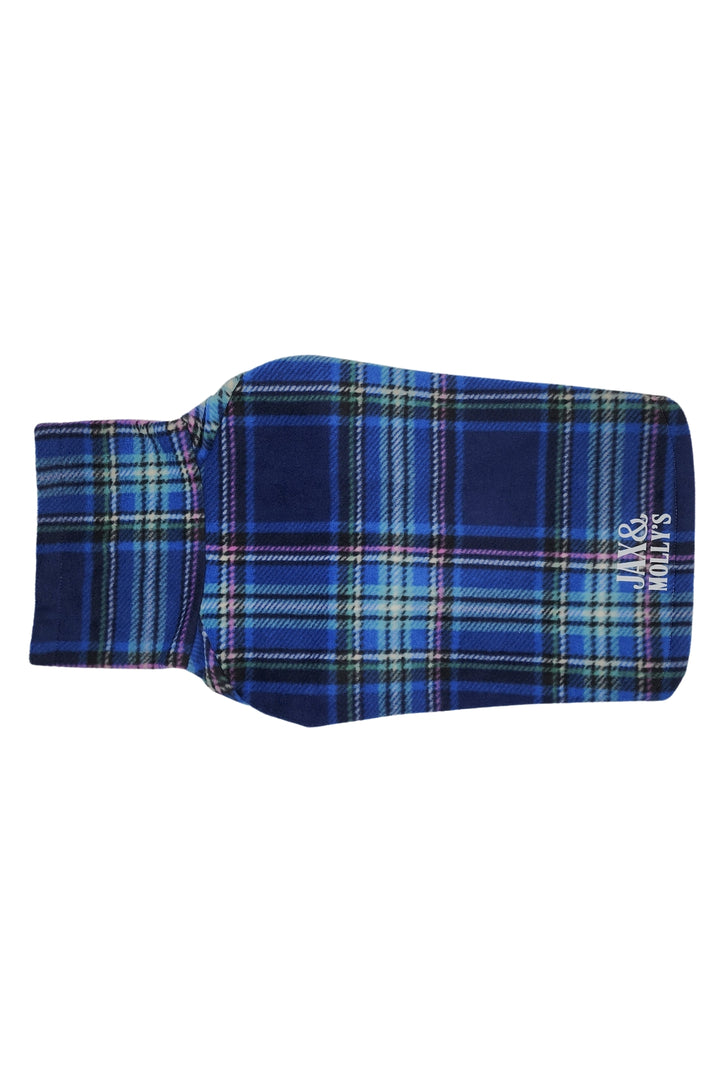 Top profile of Jax & Molly's Peacock Plaid Dog Sweater featuring a blue plaid design with accents of pink and green.