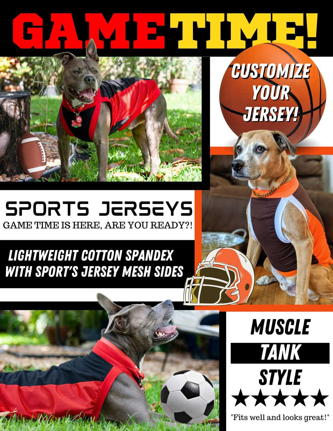 Promotional flyer for Jax & Molly's custom dog sports jerseys, highlighting their standout features and selling points.