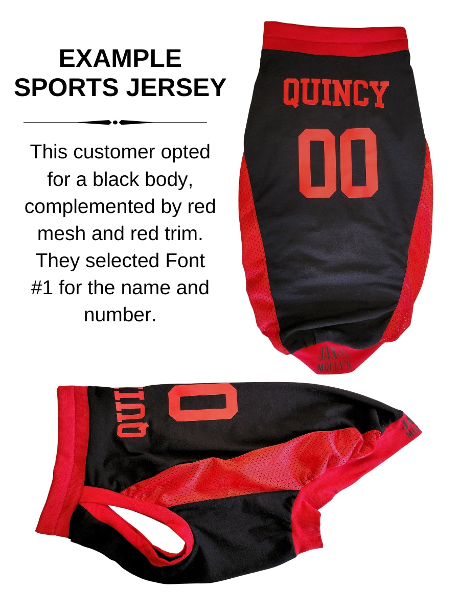 Back and side perspectives of a custom-designed red and black sports jersey for dogs with a vinyl graphic reading 'Quincy' and the numeral '00'.