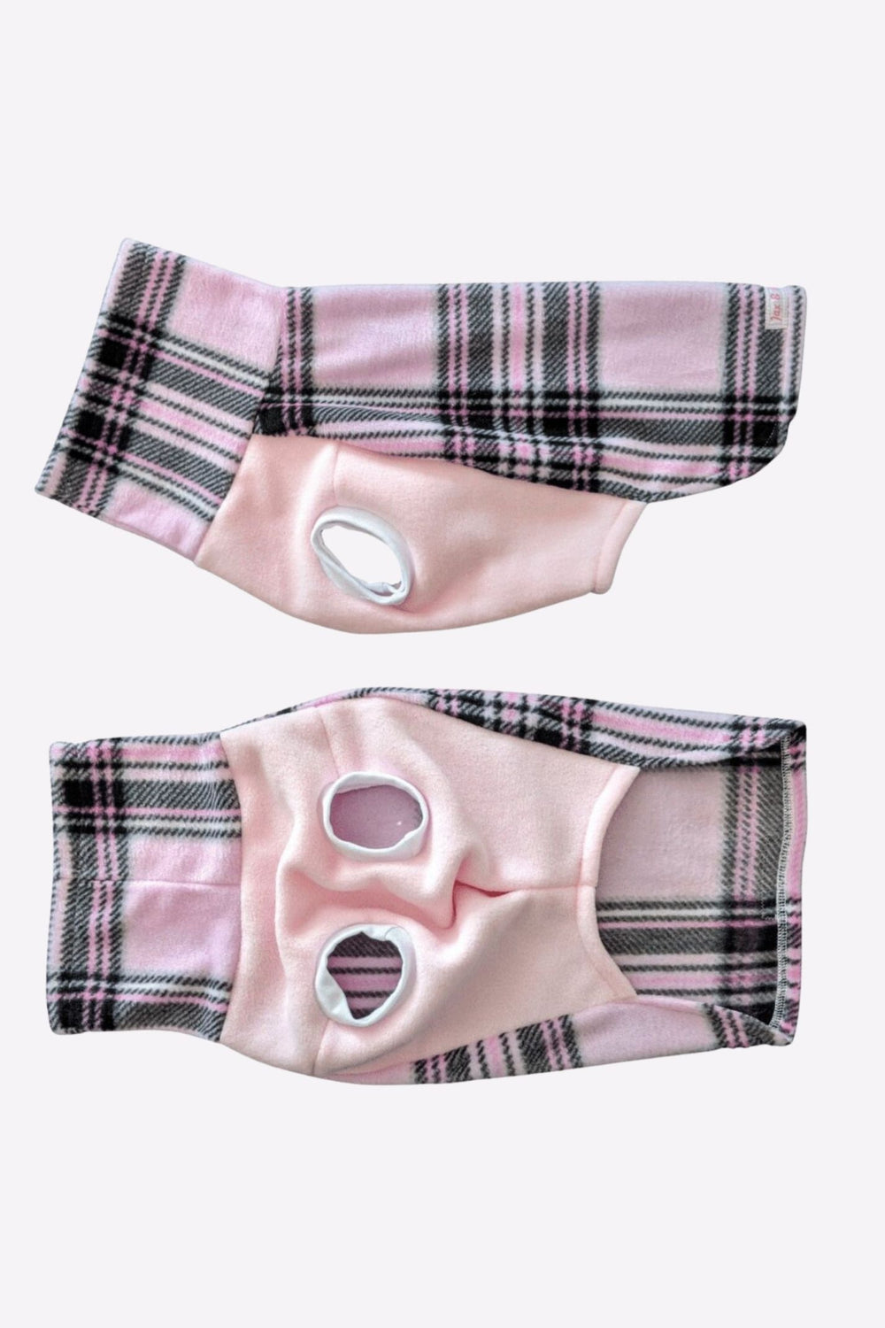 Side and underbelly views of Jax & Molly's pink plaid dog sweater, featuring a stunning pink and black plaid design with a light pink underbelly.