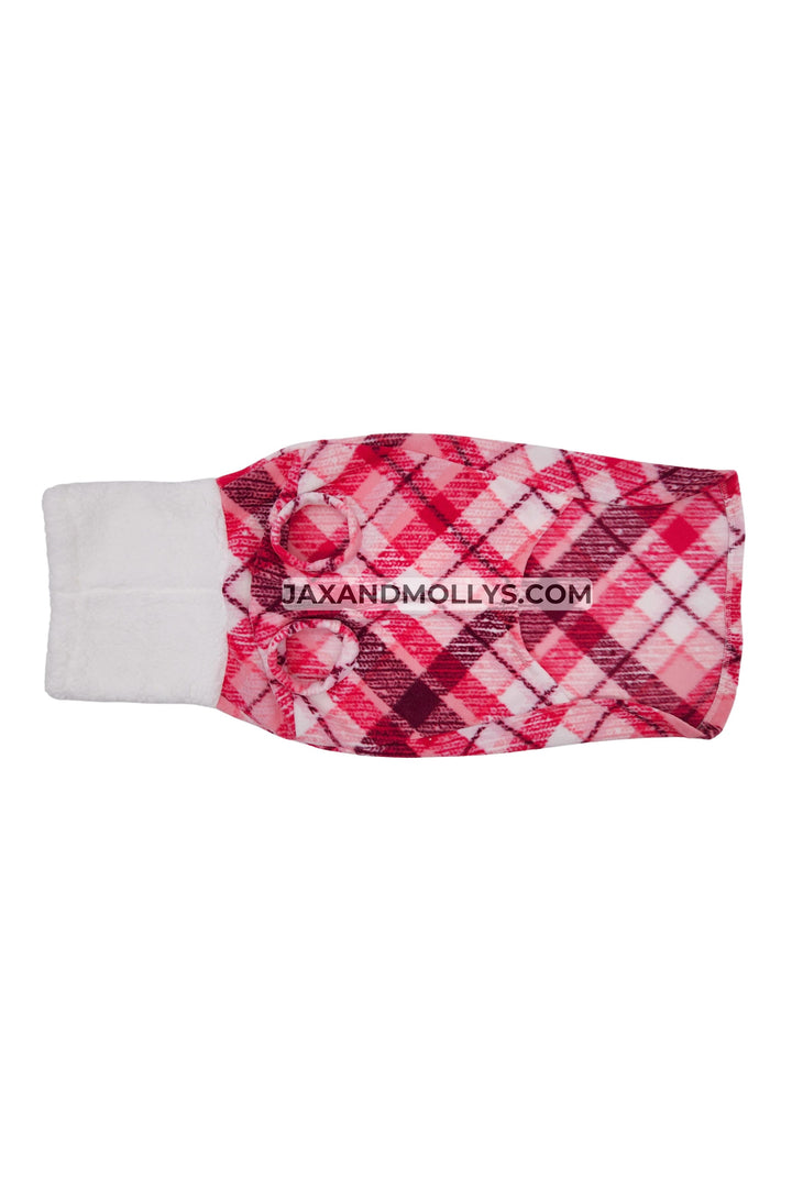 Dog sweater featuring a pink plaid pattern paired with a faux sherpa turtleneck