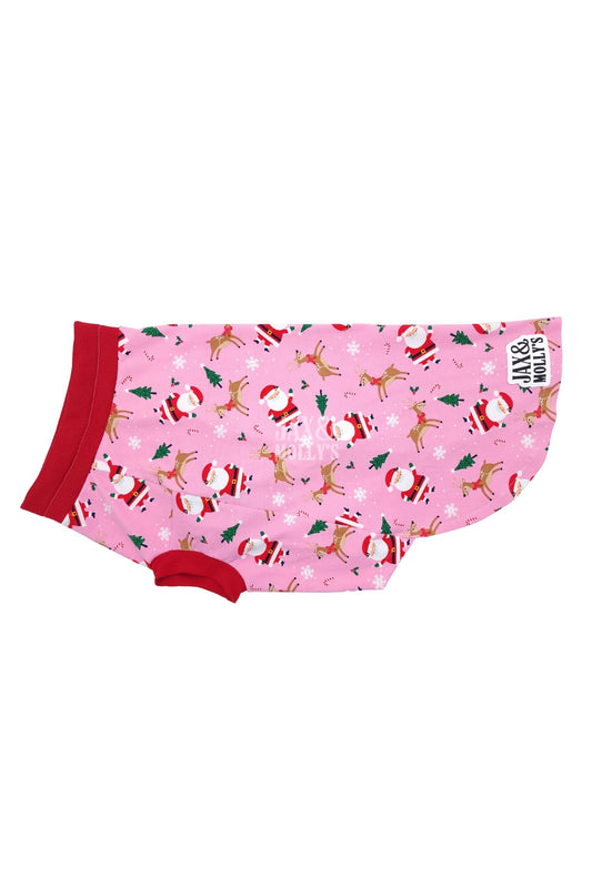 Christmas-themed dog pajamas with Santa Claus, reindeer, and seasonal accents on pink background.