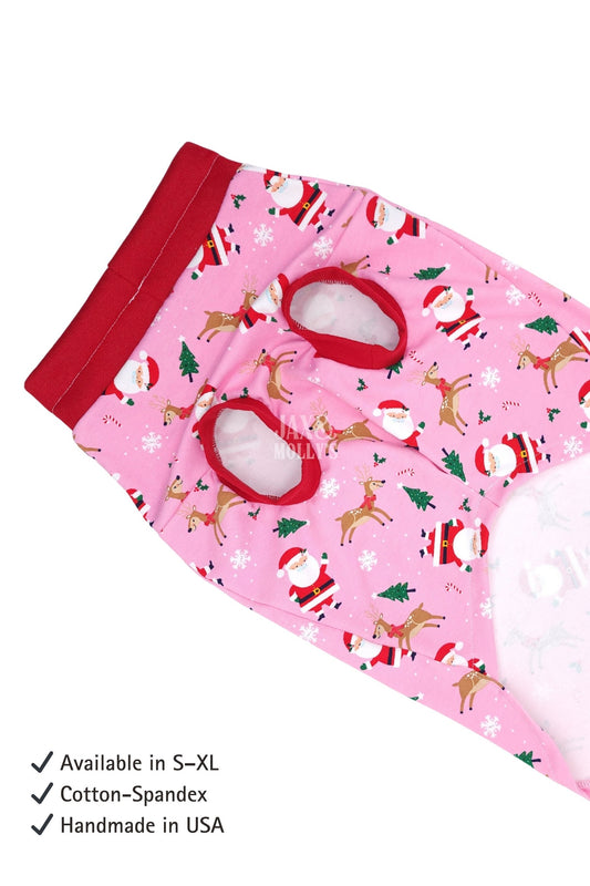 Christmas-themed dog pajamas with Santa Claus, reindeer, and seasonal accents on pink background.