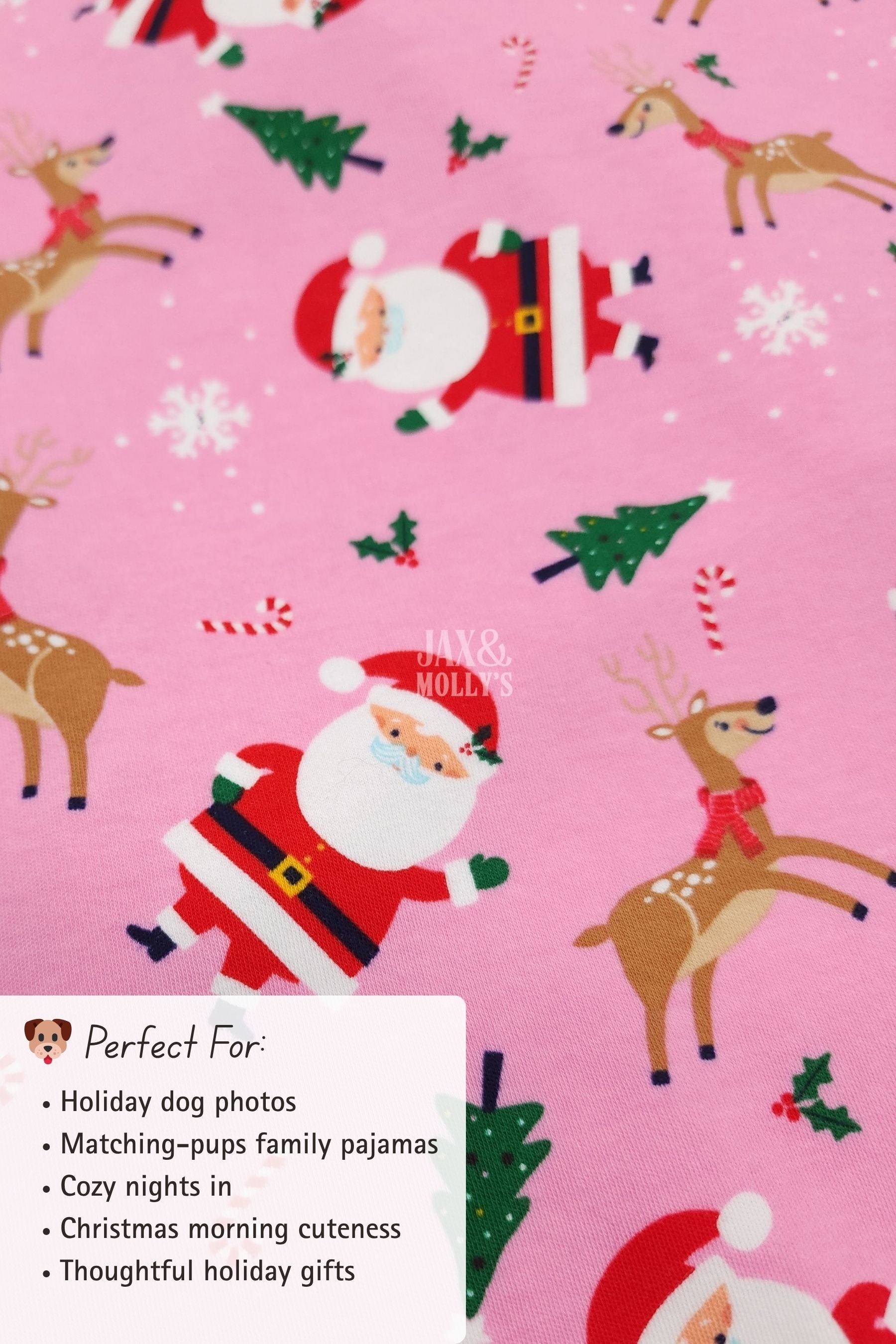 Pink fabric with Santa Claus and reindeer pattern on a pink background