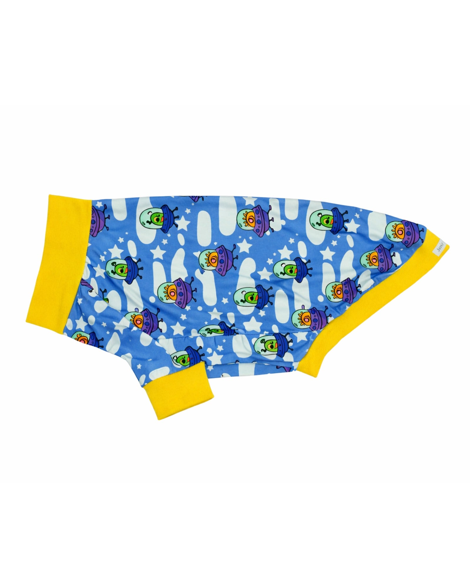 Blue alien print dog pajamas with yellow trim, colorful dog pajama shirt flat lay
