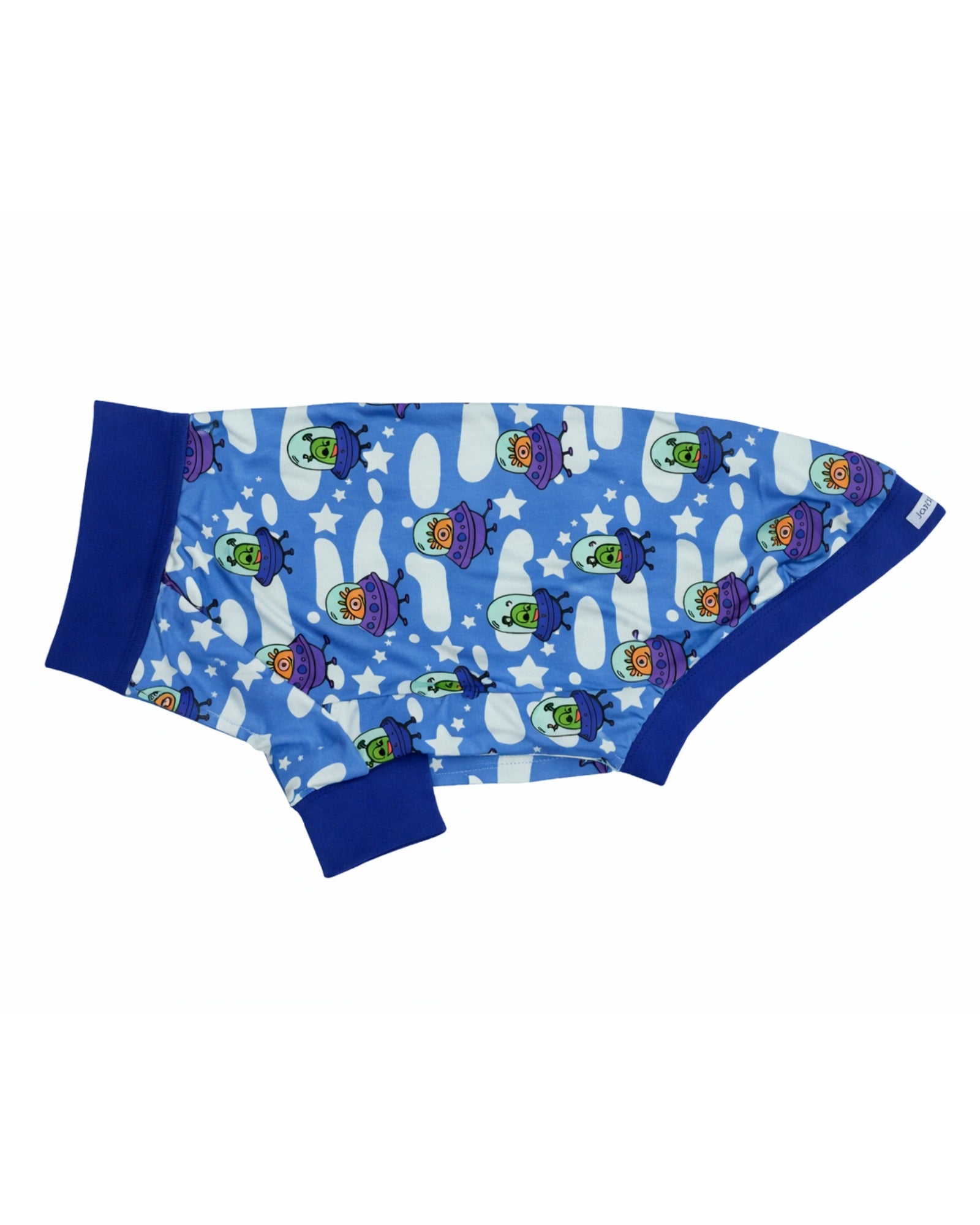 Blue alien print dog pajamas with navy trim, flat lay product image