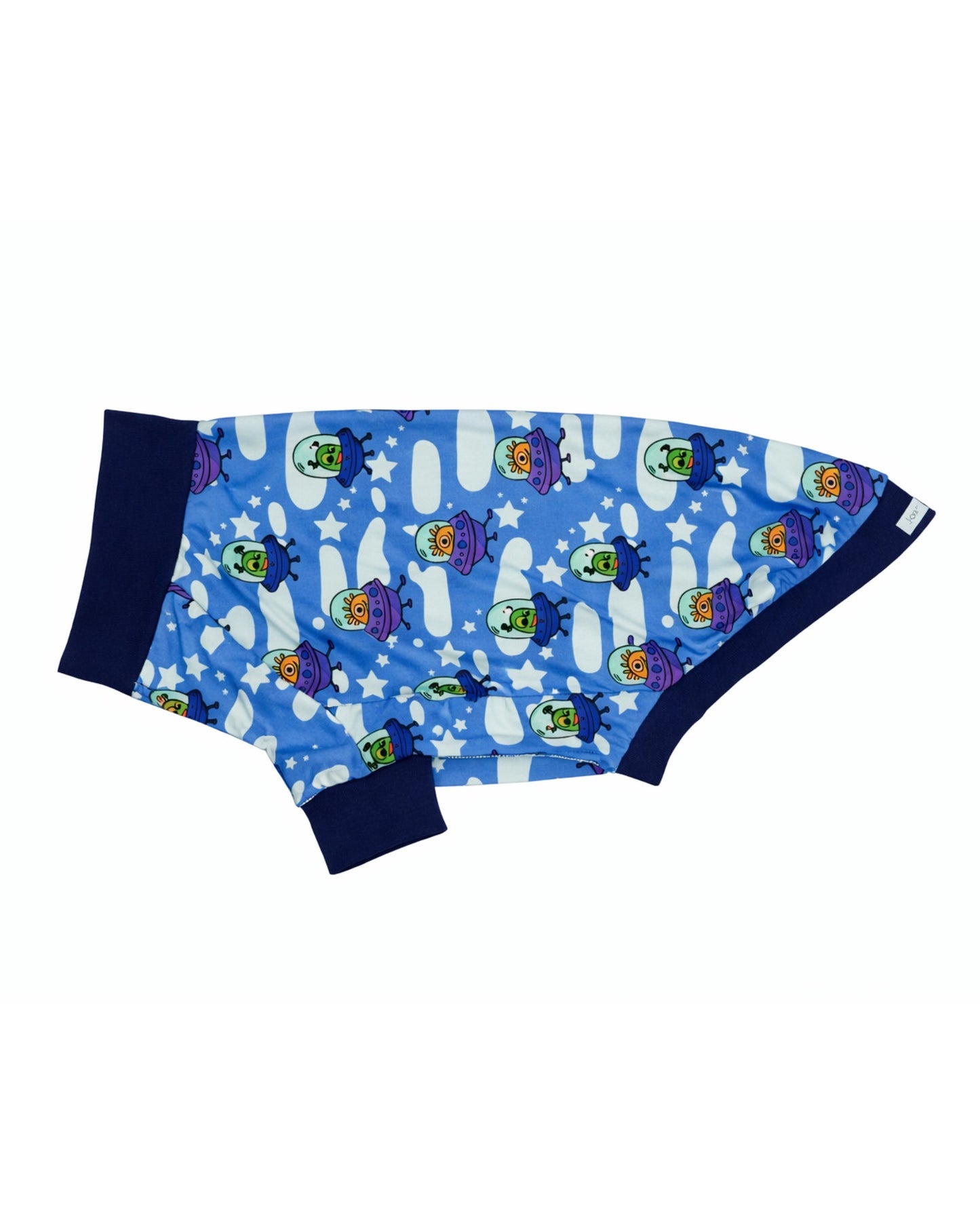 Alien spaceship dog pajamas in blue with navy trim, lightweight dog shirt flat lay