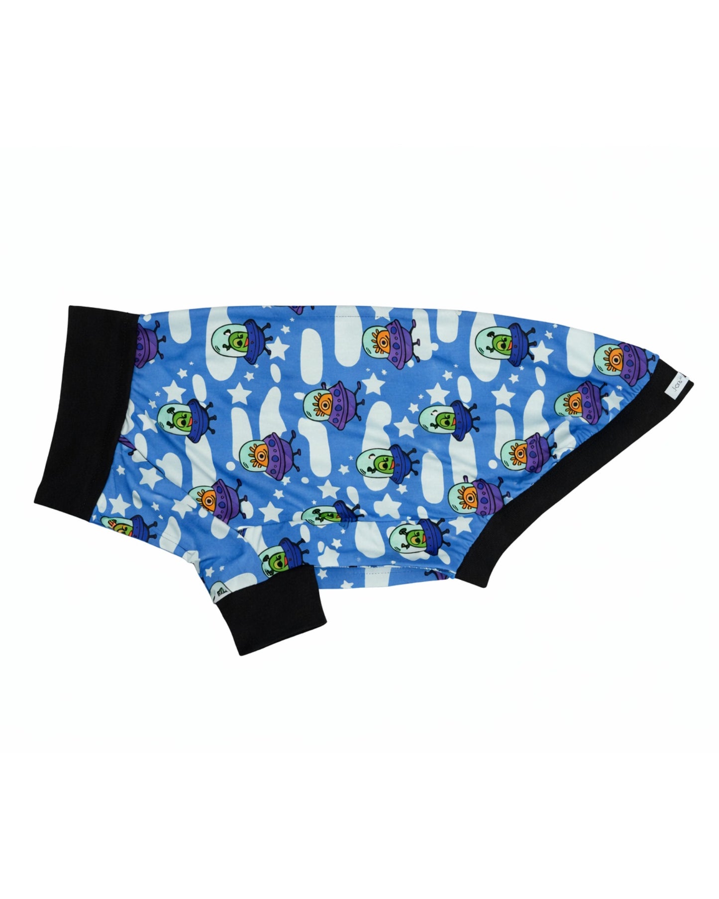 Blue alien print dog pajamas with black trim, flat lay on white background