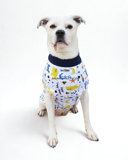 Playful Fish & Sharks cotton-spandex dog pajamas on white dog, sitting