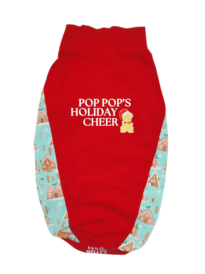 A rear view of Jax & Molly's 'Pop Pop's Holiday Cheer' Dog Tank showcases a vibrant red fabric adorned with a white vinyl graphic that reads Pop Pop's Holiday Cheer, accompanied by a gold gingerbread cookie design. The sides are a charming mint color, decorated with cute gingerbread houses.