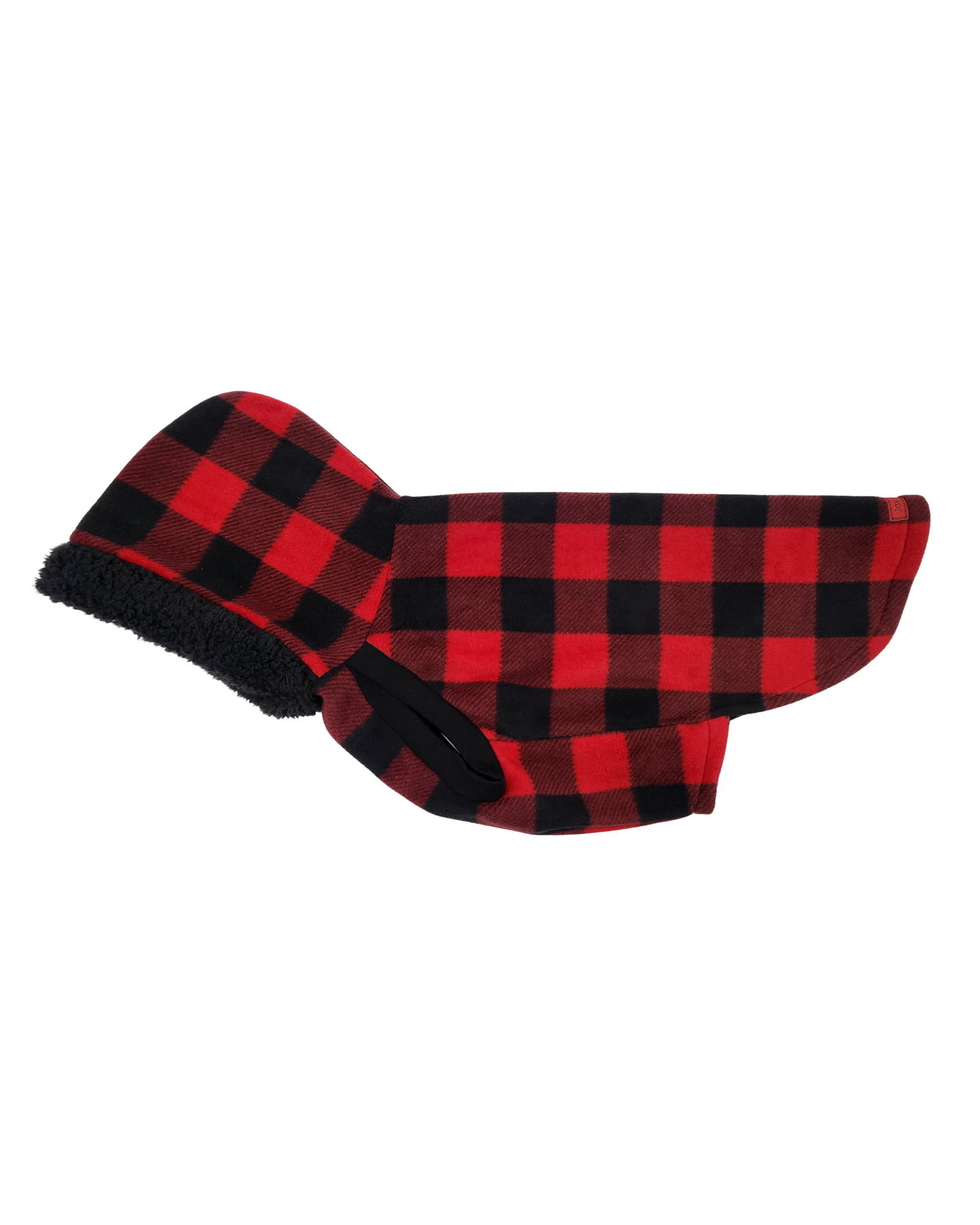 Red buffalo plaid dog hoodie with black sherpa trim – side view