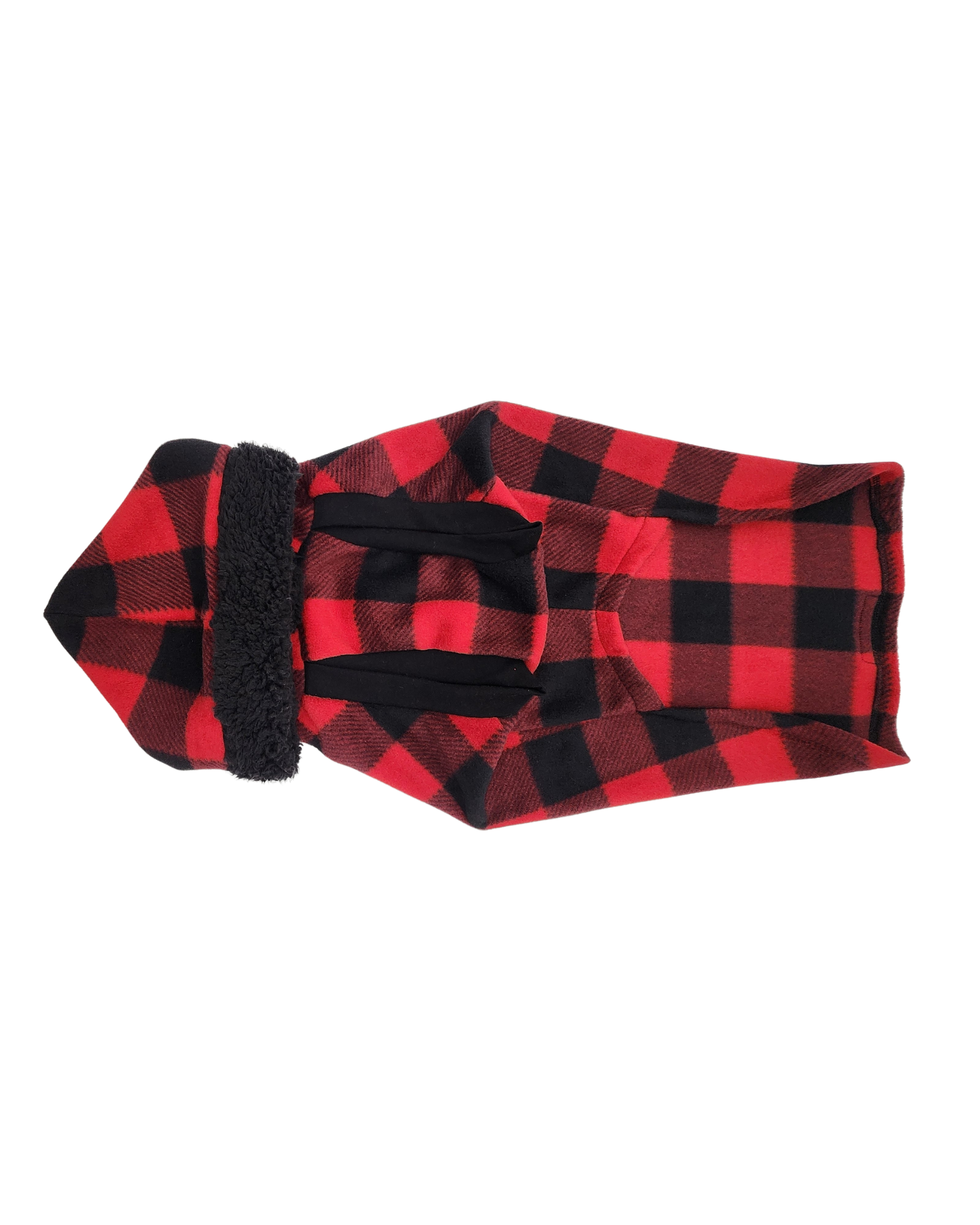 Red plaid fleece dog hoodie – underside and armholes