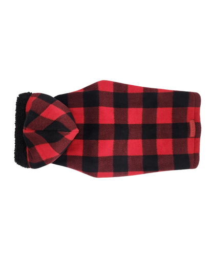 Red buffalo plaid hoodie for dogs – back view with hood