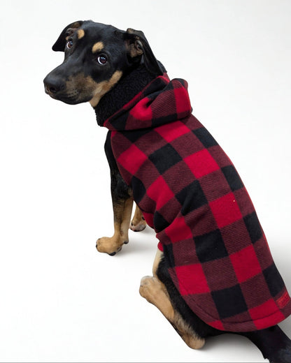 Red Buffalo Plaid Dog Hoodie with Black Sherpa Trim - Made to Order